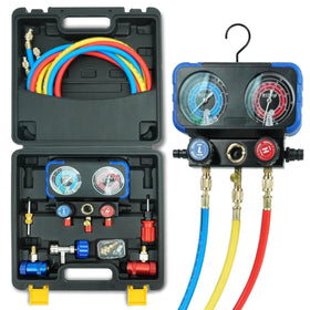 CALPOSE front view of manifold set showing controls and hoses, benefits quick identification