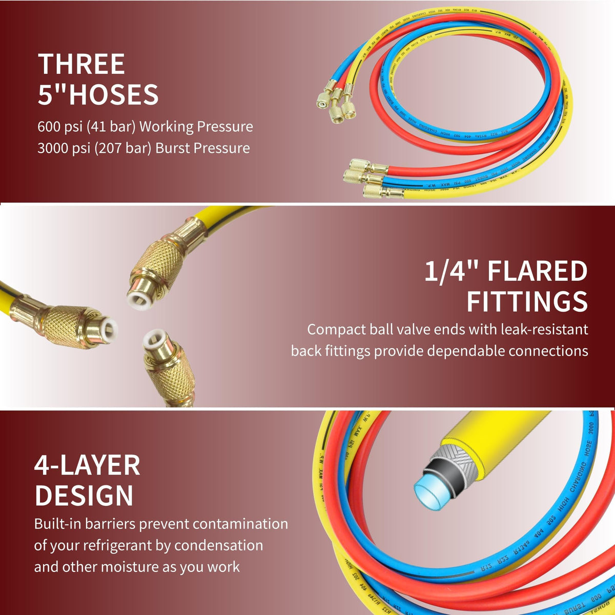 CALPOSE color-coded red blue yellow hoses for fast identification and safe use