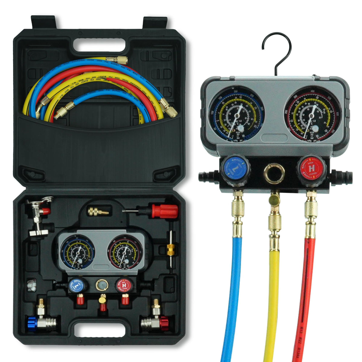 CALPOSE front view of manifold gauge set showing controls and gauges for precise readings