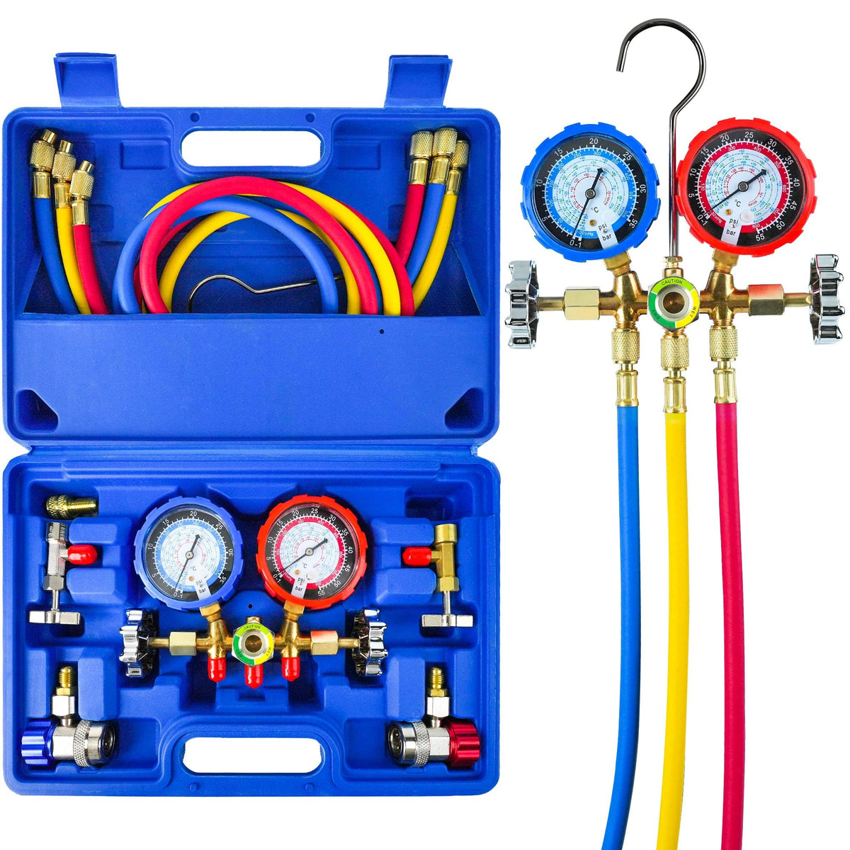 CALPOSE manifold front view showing durable body and easy-grip valves for reliable service