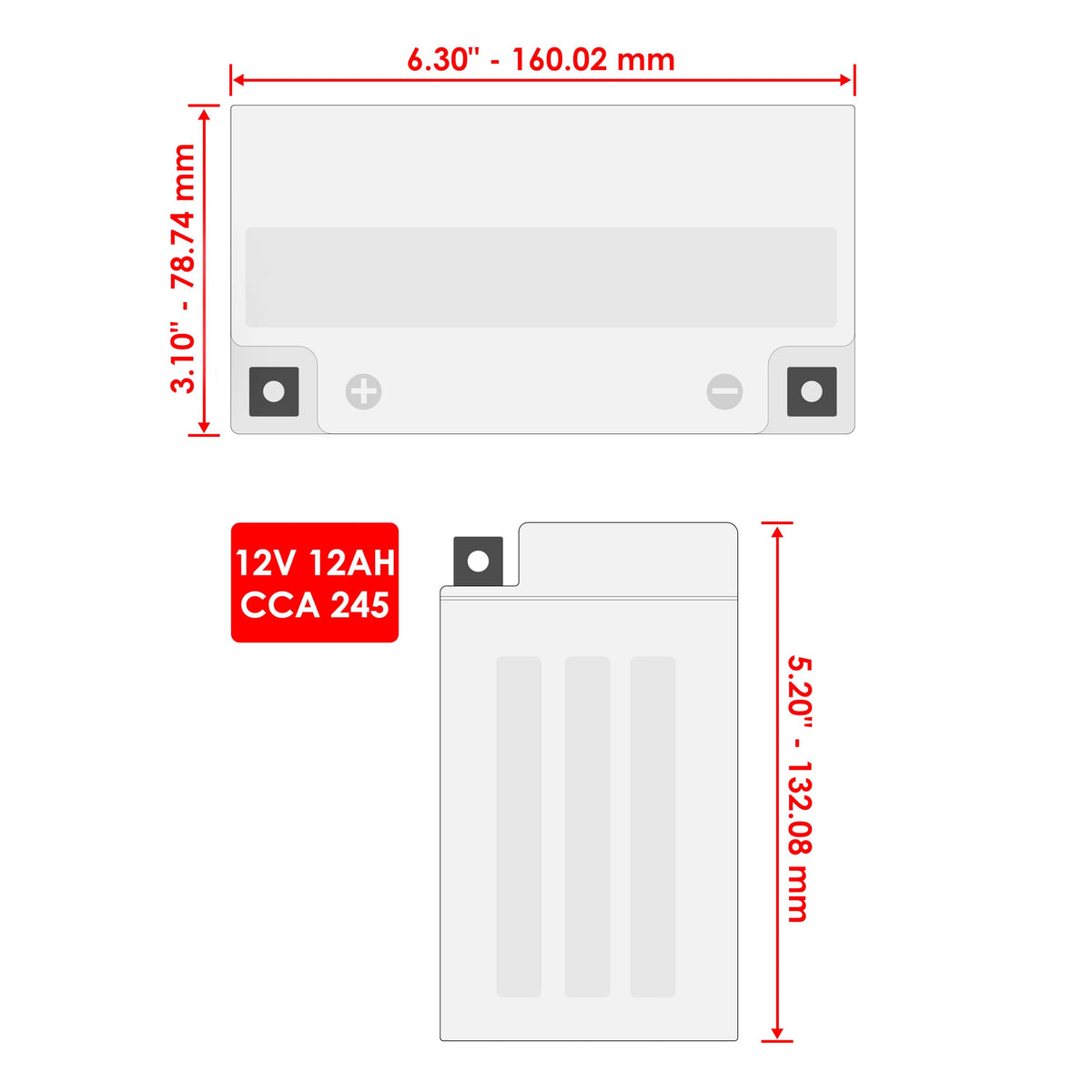 Caltric battery side dimensions image showing size fit for Yamaha Warrior