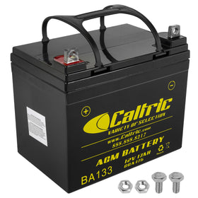 Caltric AGM battery front view showing compact fit and robust casing benefit