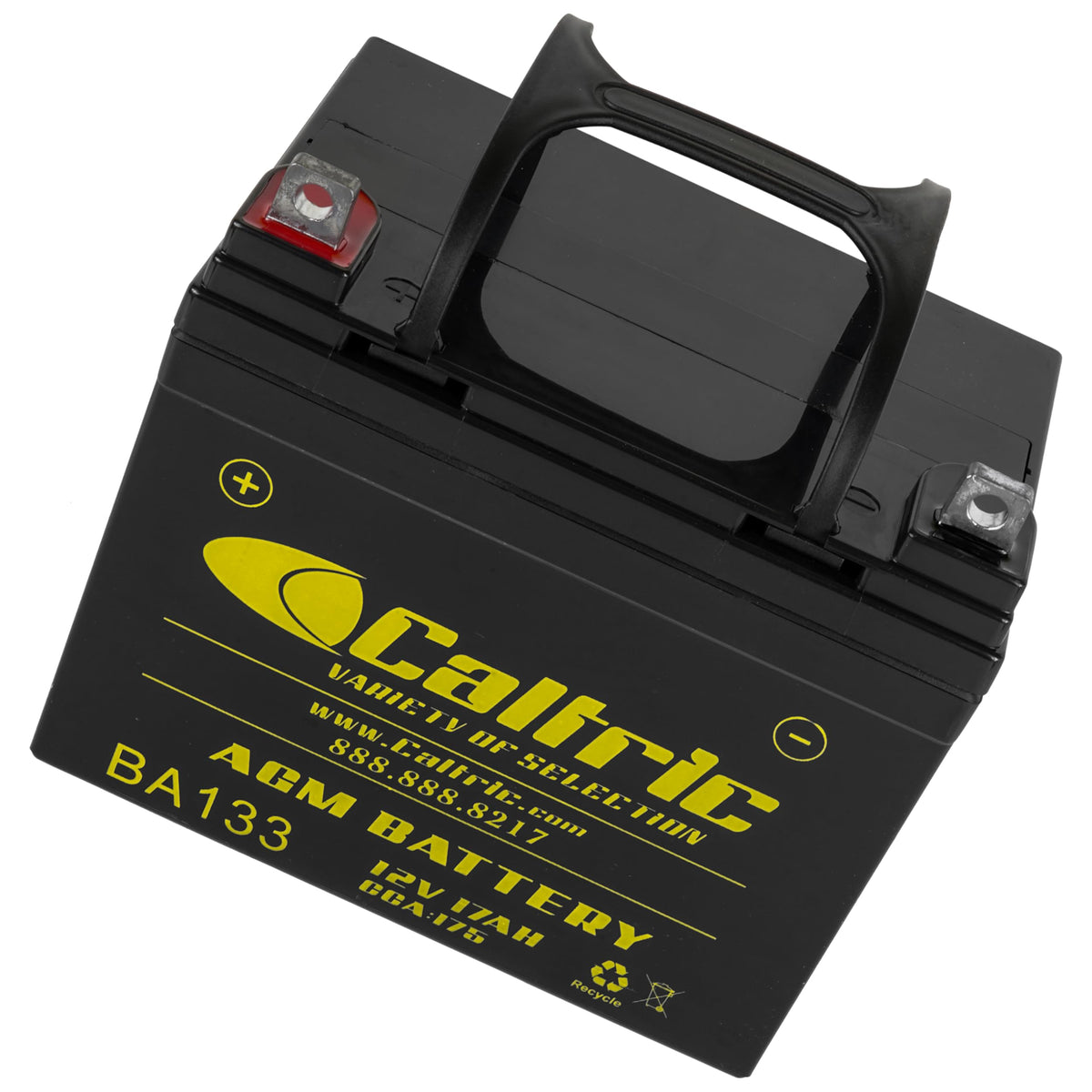 Caltric AGM stored indoors on shelf with charger showing safe seasonal care benefit