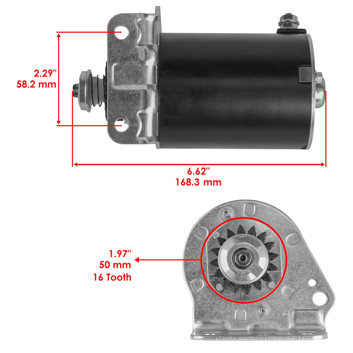 Caltric starter close-up of 16-tooth improved steel gear highlighting enhanced durability