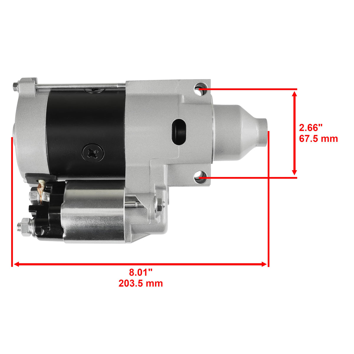 Caltric starter side profile highlighting size and mounting alignment benefit