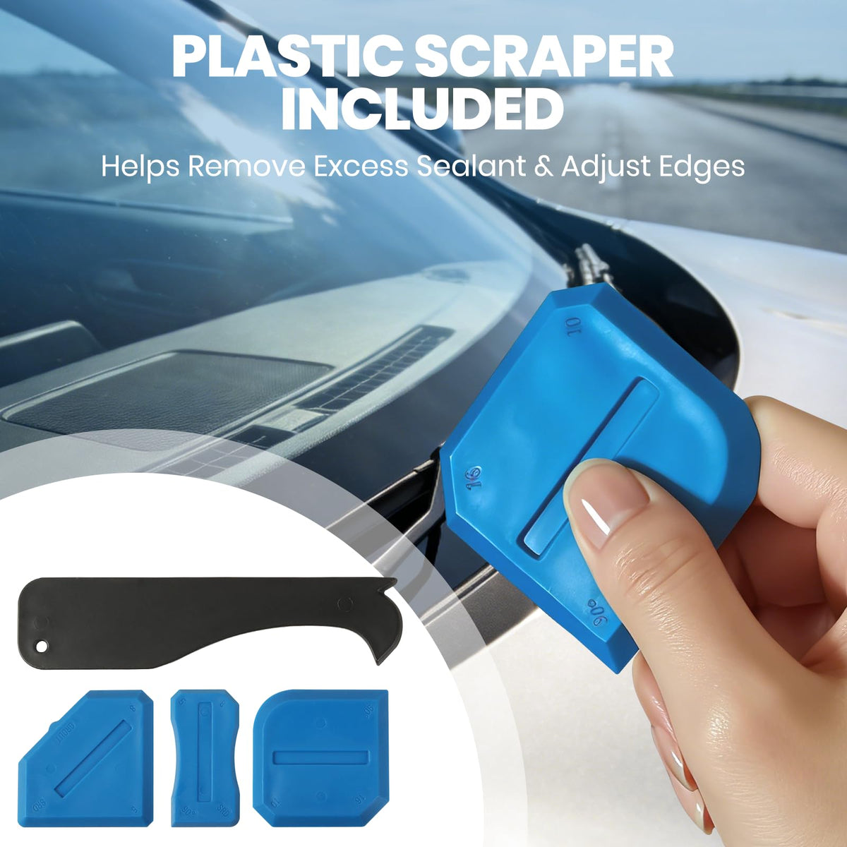 Calvana adhesive bead along windshield edge demonstrating neat seal