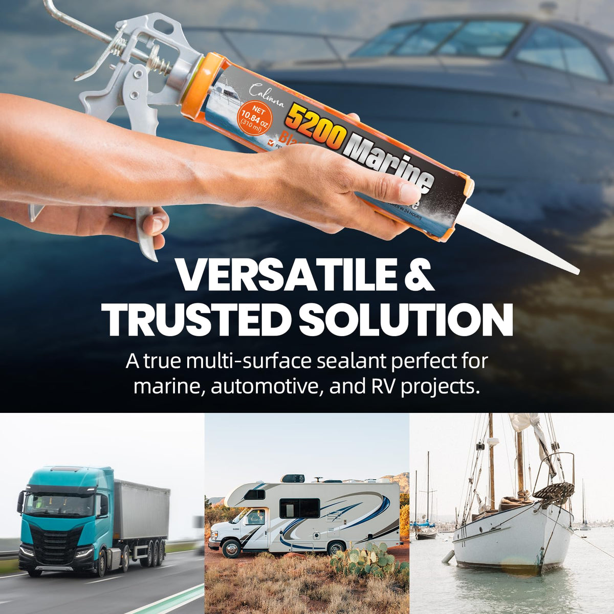 Calvana being applied to a boat hull showing quick, waterproof bond