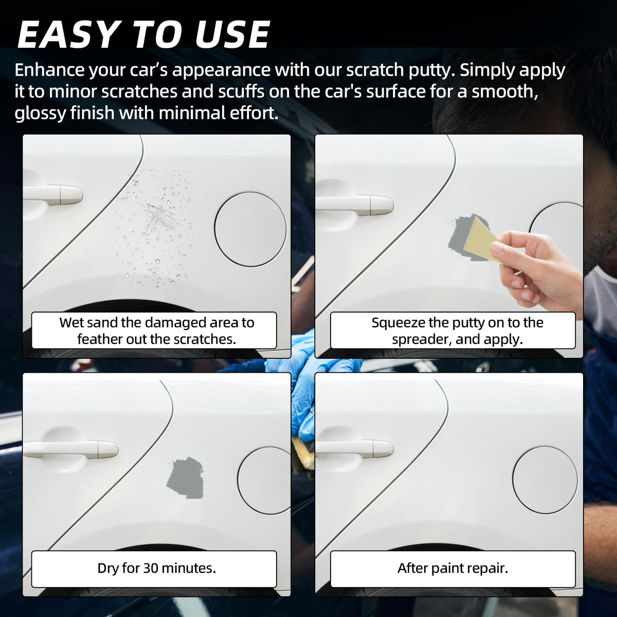 Calvana putty in use on a car bumper demonstrating repair and improved appearance