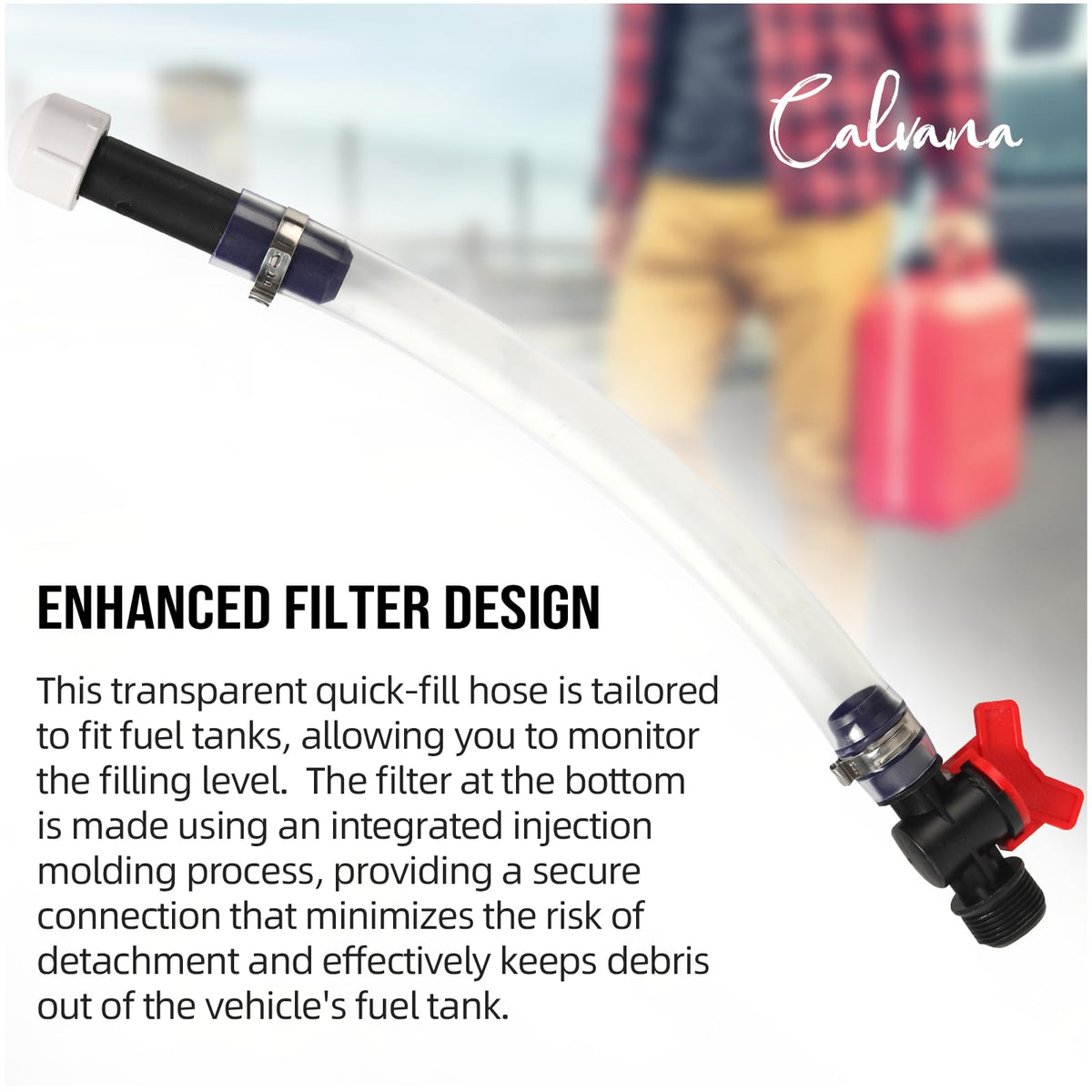 Calvana hose length next to ruler showing 14-inch reach for deep filler necks and access