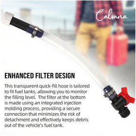Calvana hose length next to ruler showing 14-inch reach for deep filler necks and access