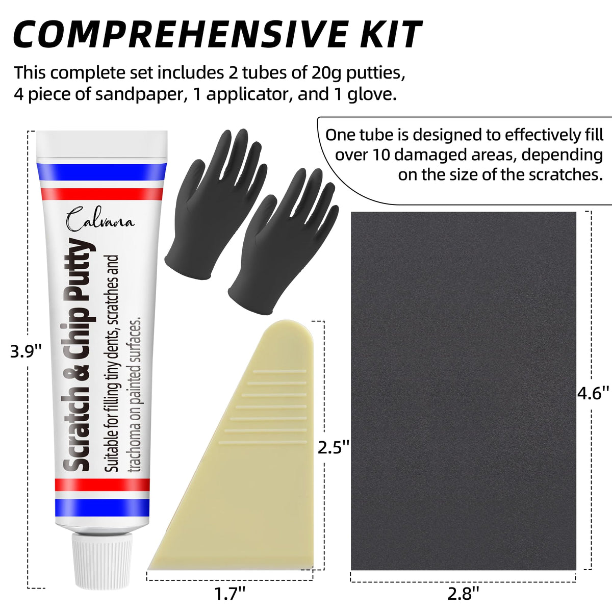 Calvana tube close-up label visible showing quick-dry automotive putty formula