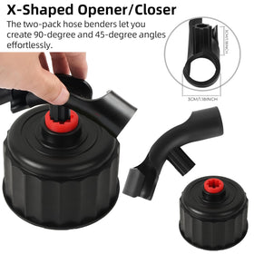 Calvana X-shaped hose bender and accessories enabling tool-free angle adjustments