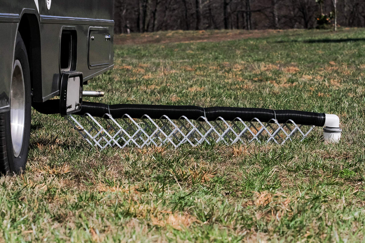 Camco 10-foot sewer hose stretched to show length and flexibility