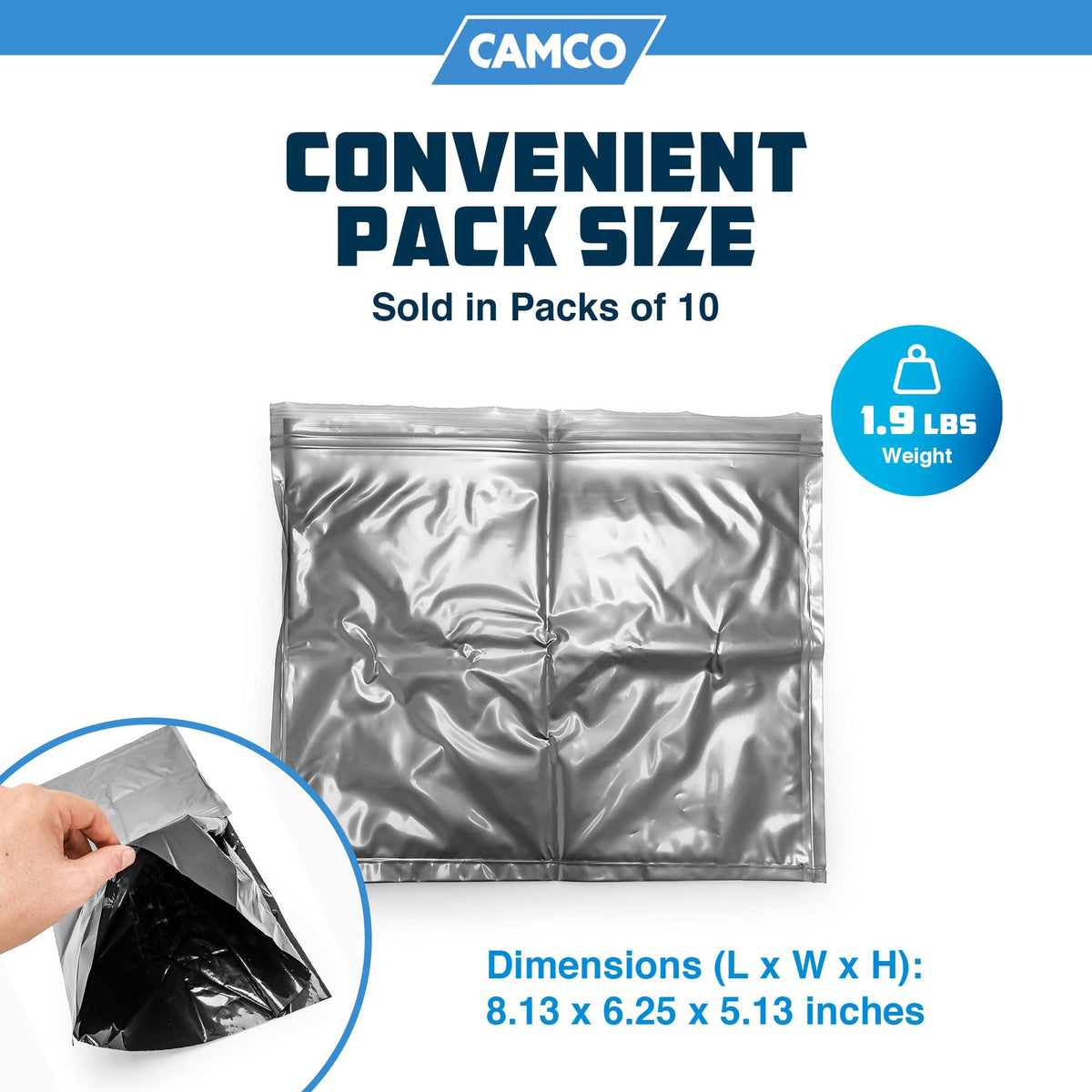 Camco ten-pack stacked to show quantity and trip-ready scale