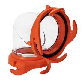Camco clear 90-degree elbow close-up showing visibility to confirm emptying of tank
