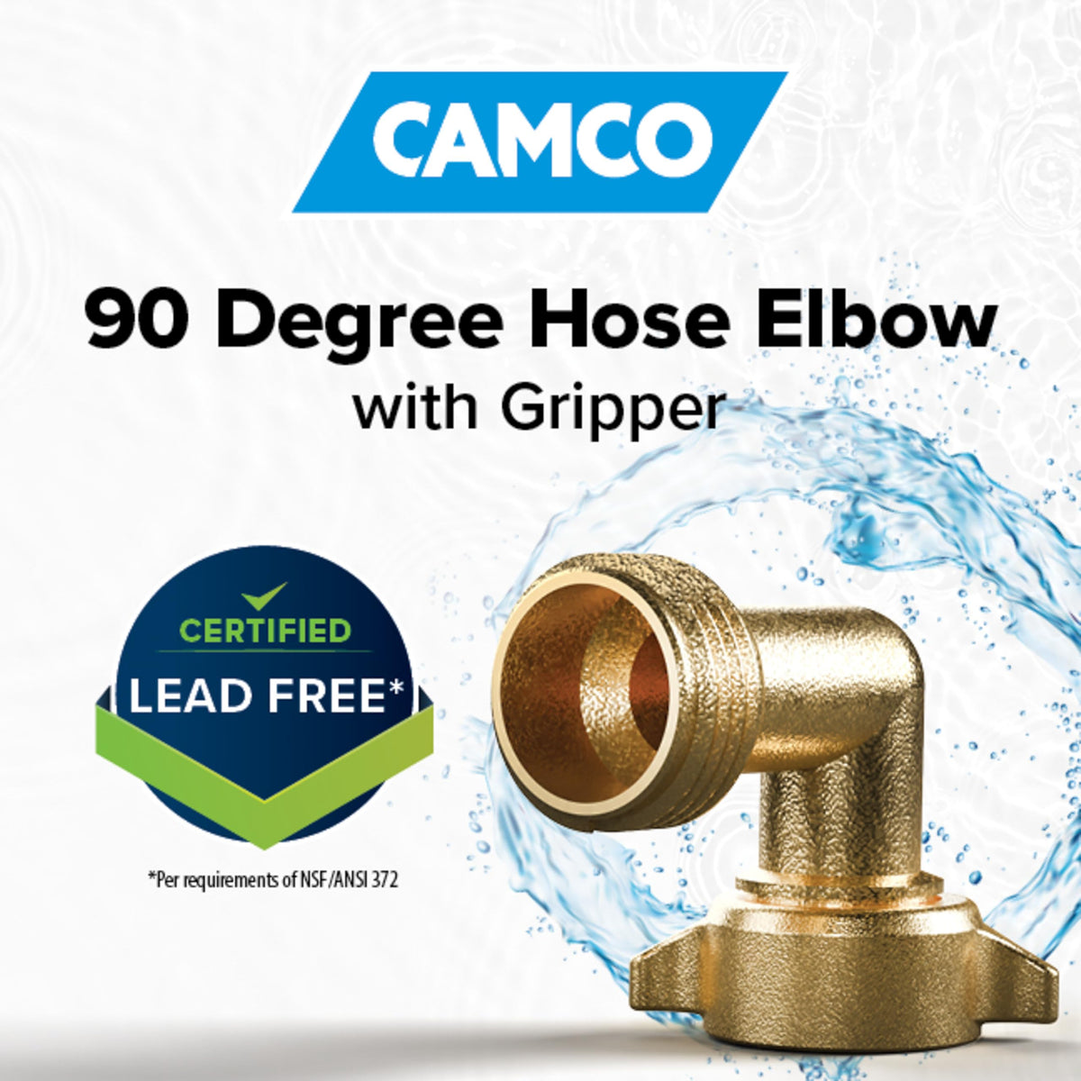 Camco elbow connected to outdoor faucet preventing kinks and leaks