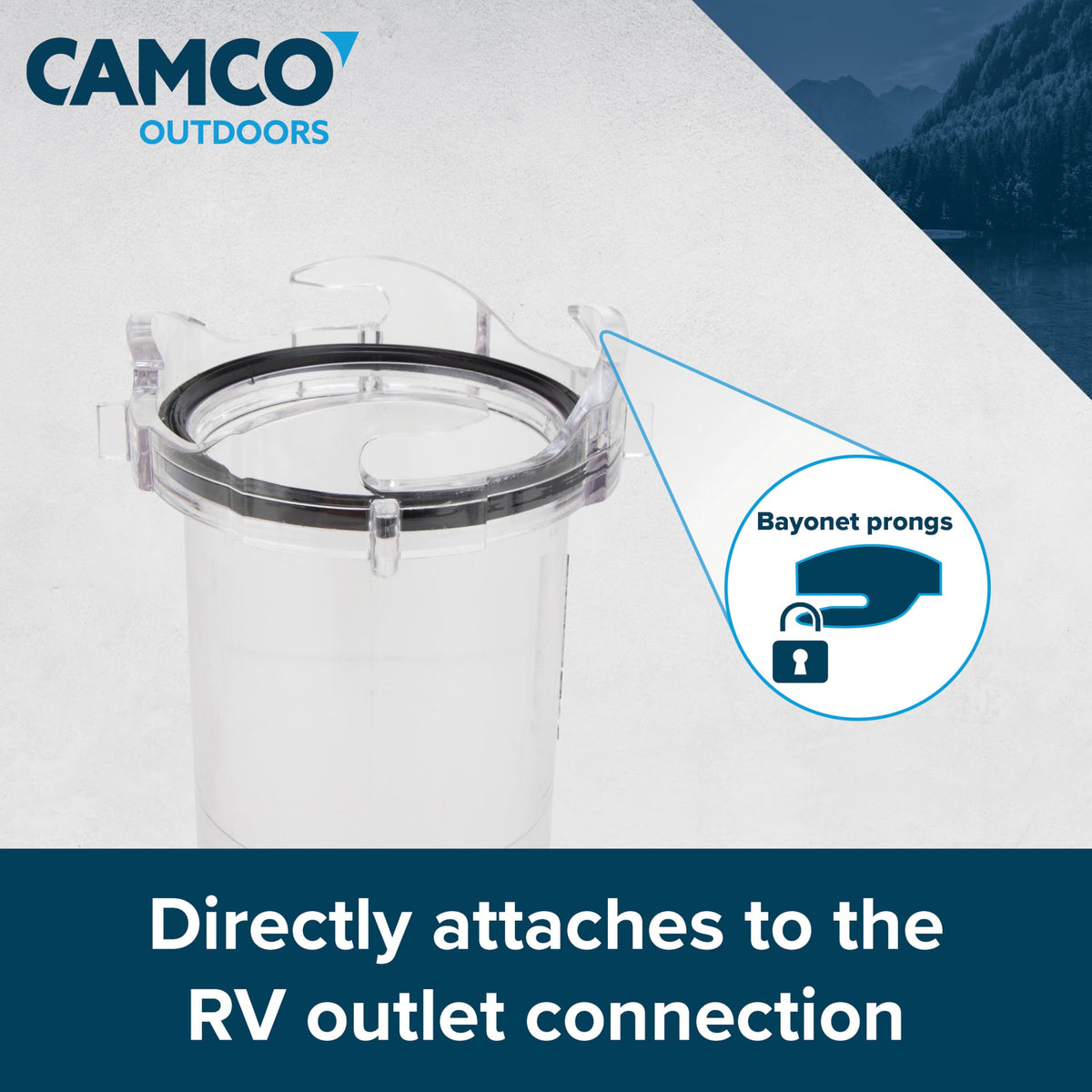 Camco adapter mounted on RV outlet demonstrating simple installation