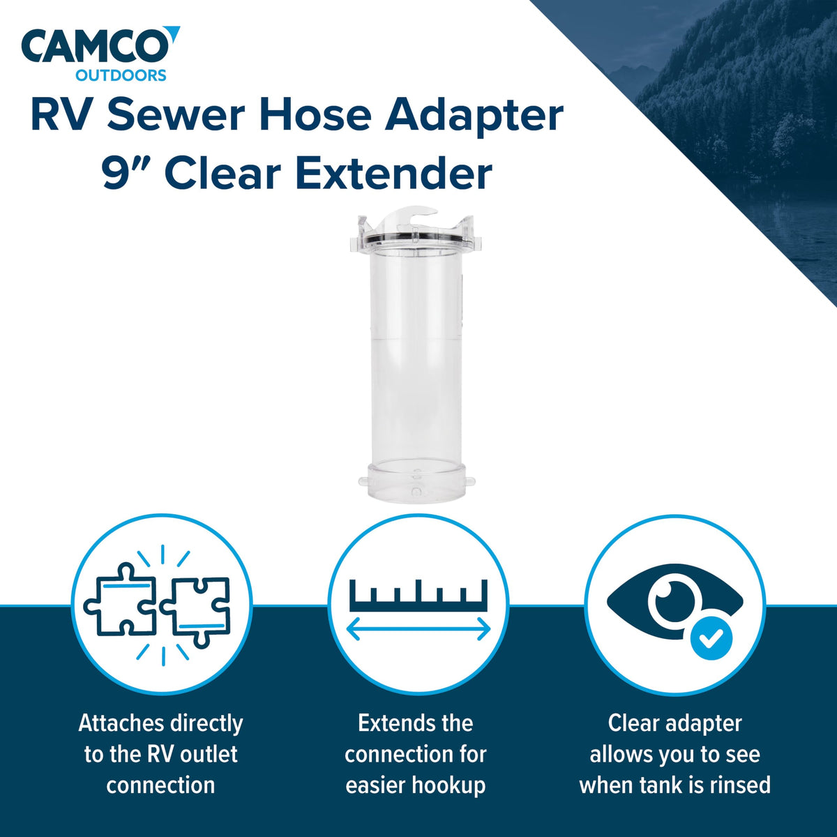 Camco adapter next to ruler showing 9-inch scale for planning
