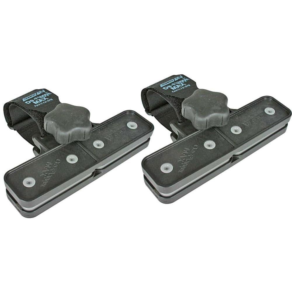 Camco front view of clamp showing shape and non-marring grippers protecting fabric