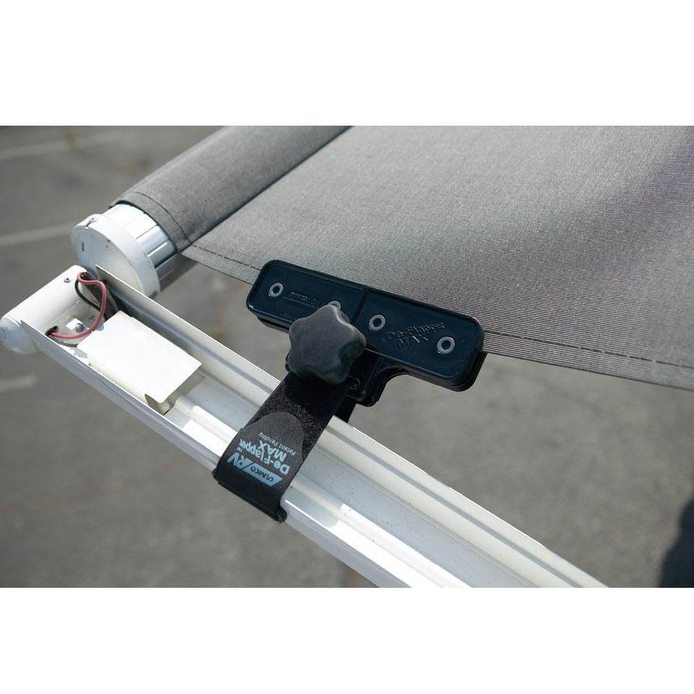 Camco clamp mounted on RV awning demonstrating reduced flapping and stability