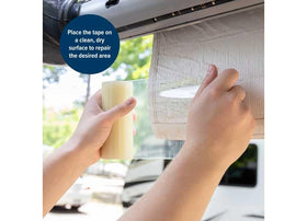 Camco tape on an RV campsite scene illustrating fast, practical repair