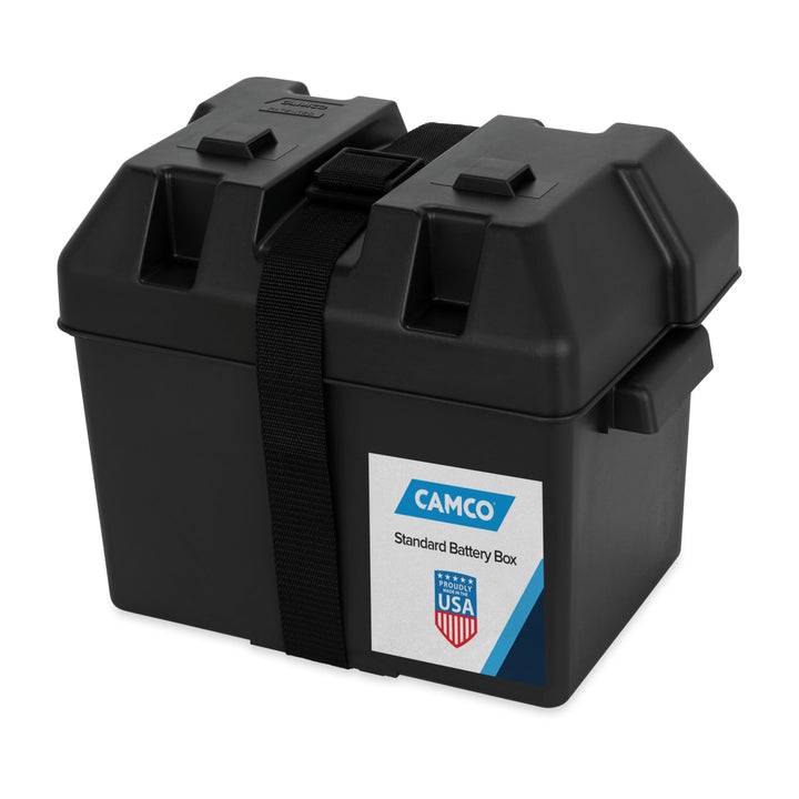 Camco battery box front view showing lid and durable protection benefit