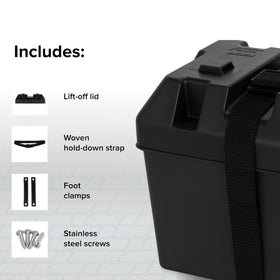 Camco battery box in RV with battery installed demonstrating safe containment