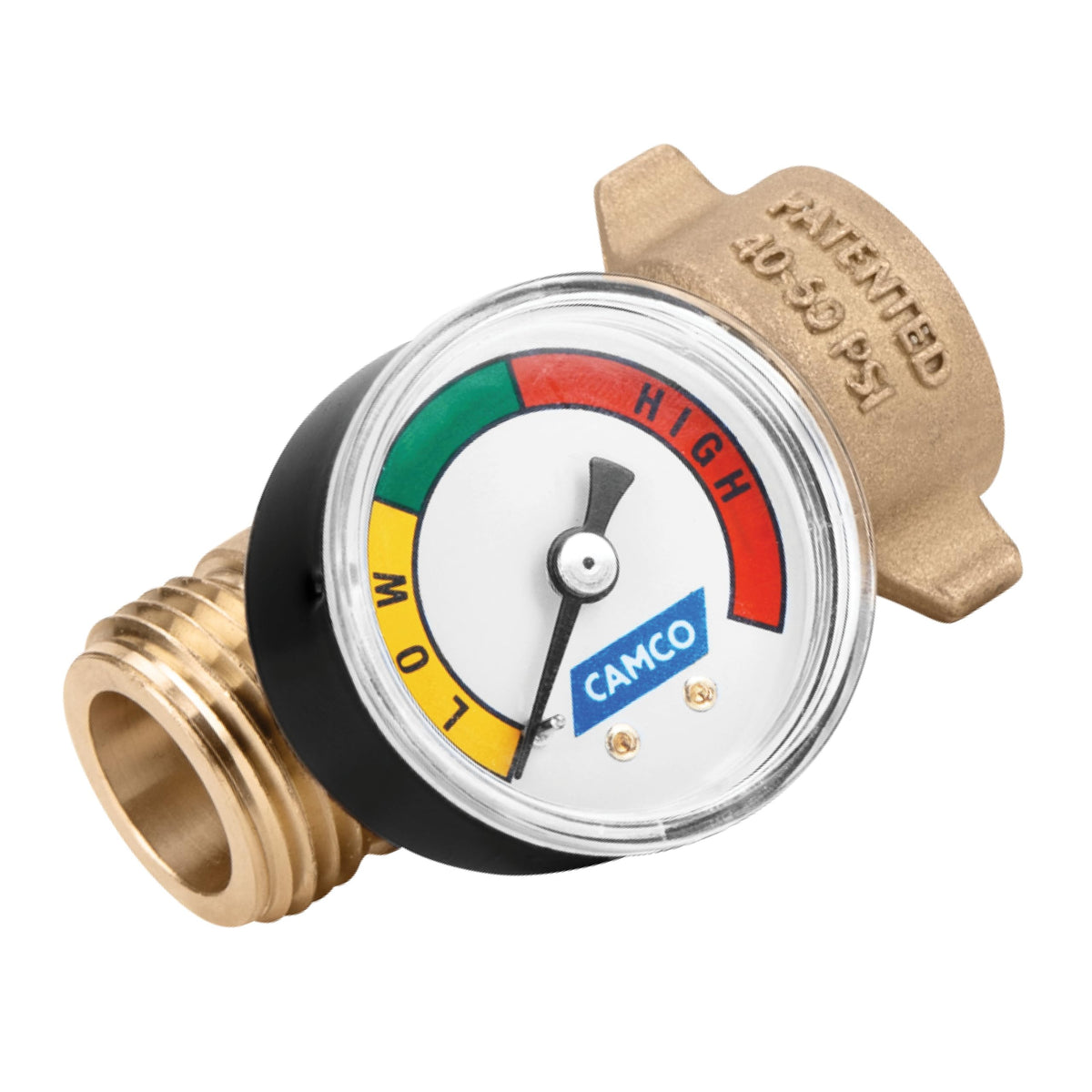 Camco brass front view showing regulator body and gauge protects RV plumbing