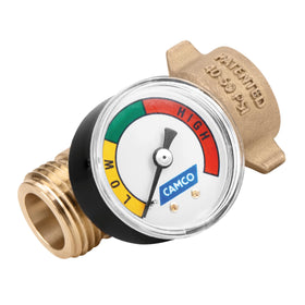 Camco brass front view showing regulator body and gauge protects RV plumbing