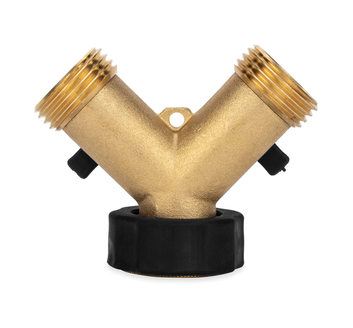 Camco wye valve attached to hoses in use demonstrating neat dual-supply routing