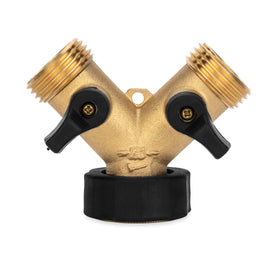 Camco brass wye valve front view showing dual outlets and sturdy build for reliable splitting
