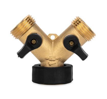 Camco brass wye valve front view showing dual outlets and sturdy build for reliable splitting