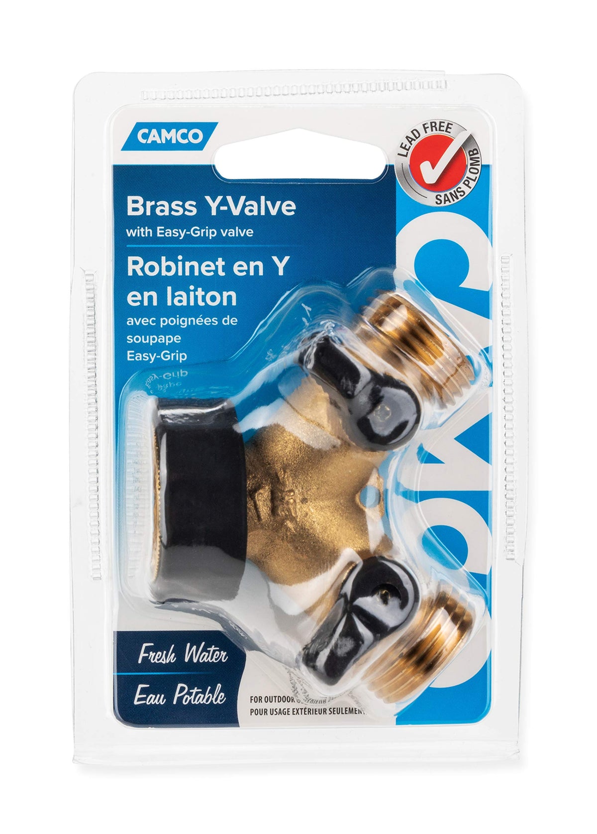 Camco wye valve next to ruler for size comparison showing compact space-saving design