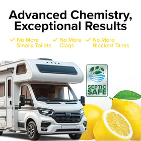 Camco bucket on RV counter conveying fresh lemon scent benefit
