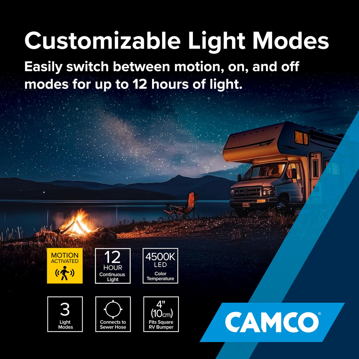 Camco shown beside hand to show size and easy portable handling benefit