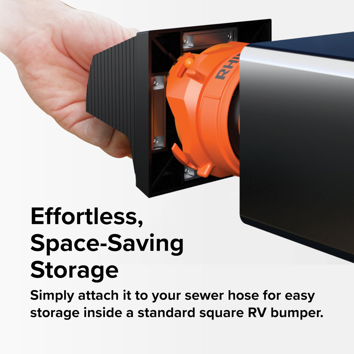 Camco used as bumper cap storing sewer hose for space-saving organization