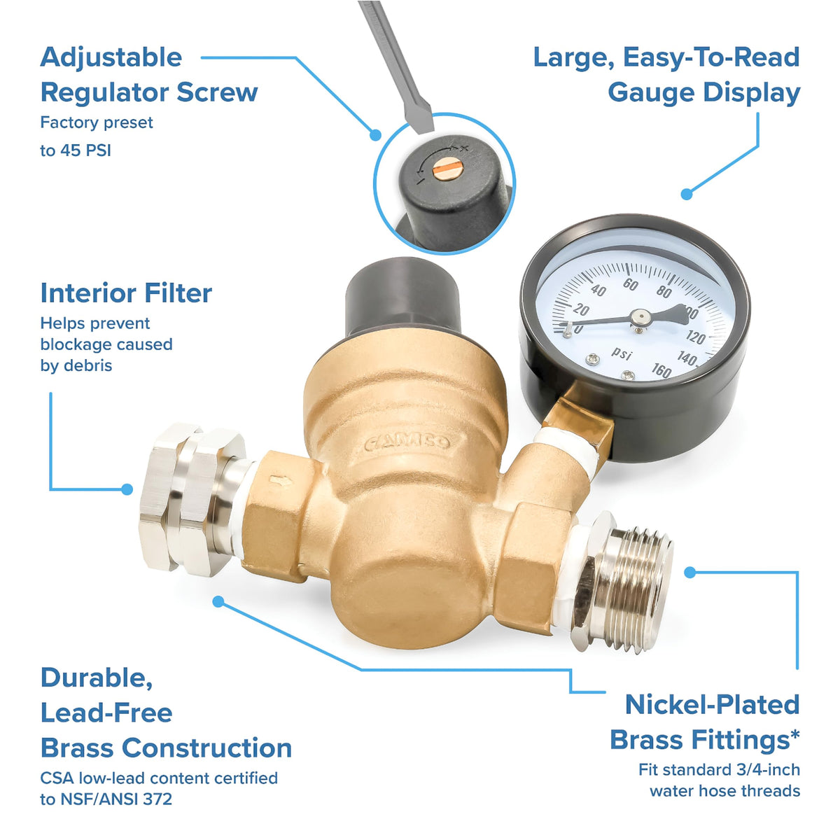 Camco close-up of adjustment screw for precise pressure control benefit