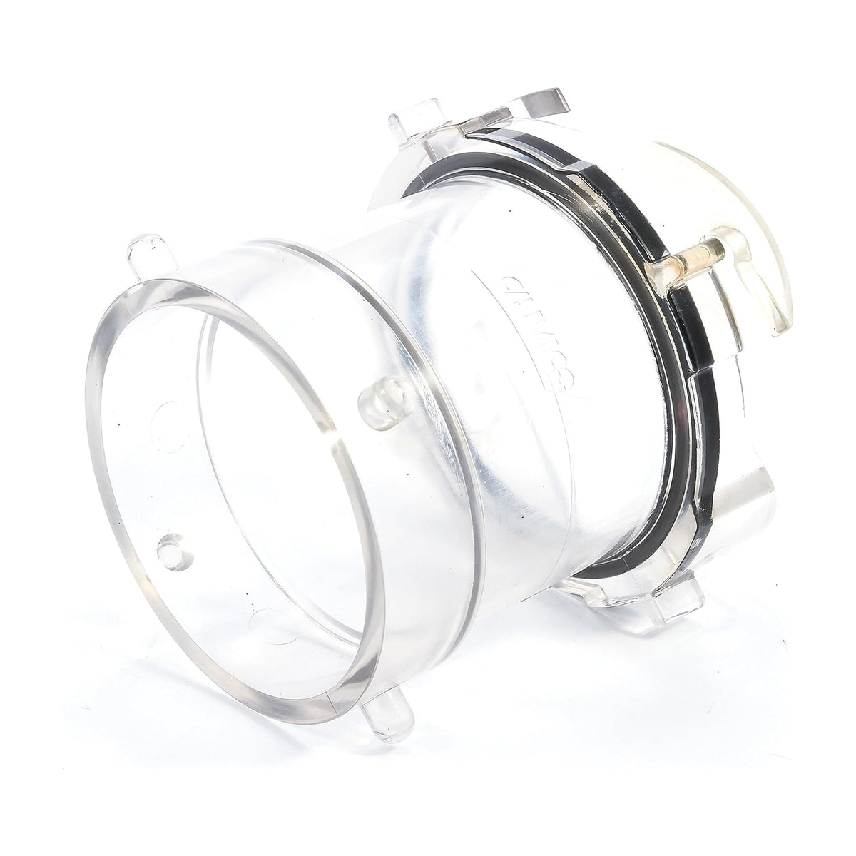 Camco clear adapter front view showing smooth inlet and secure fit benefit