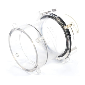 Camco clear adapter front view showing smooth inlet and secure fit benefit