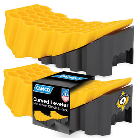 Camco curved leveler front view showing stable lift and easy positioning