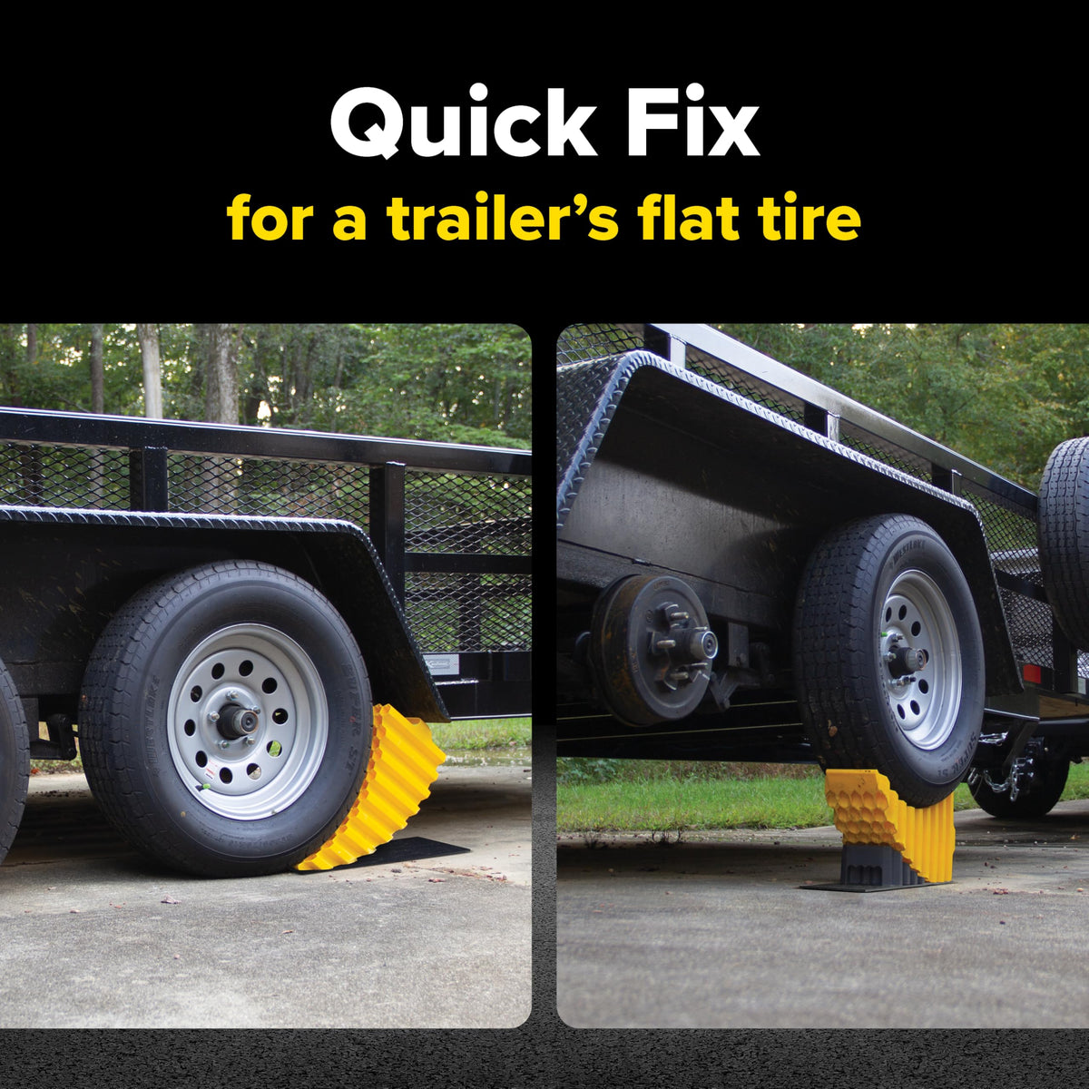 Camco curved trailer-aid placed under tire demonstrating quick lift benefit