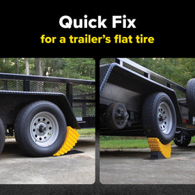 Camco curved trailer-aid placed under tire demonstrating quick lift benefit