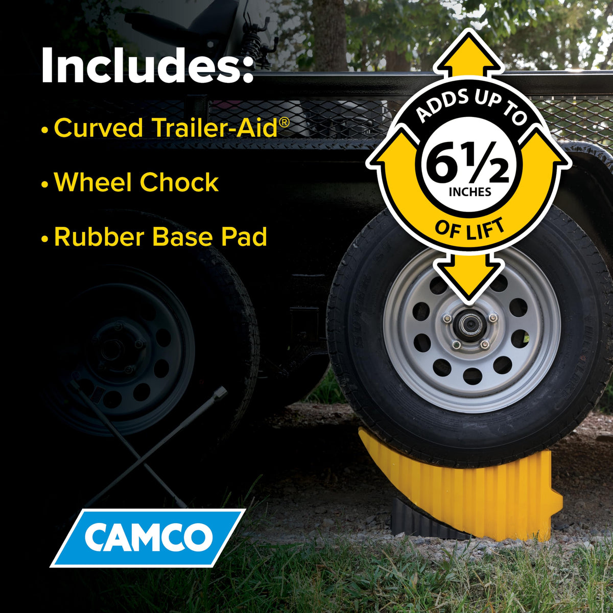 Camco curved trailer-aid next to ruler showing compact size benefit