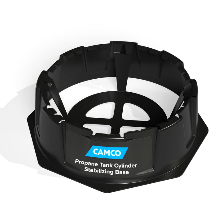 Camco stabilizing base front view showing secure tank support and stability