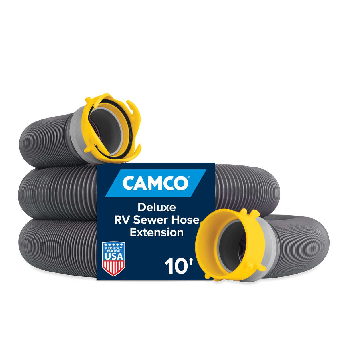 Camco front view showing full 10ft extension and ready-to-use benefit