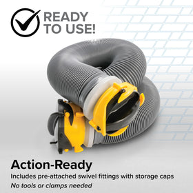 Camco hose in use at campsite extending reach for easier dumping
