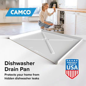 Camco dishwasher pan corner profile showing raised edge to contain spills and drips