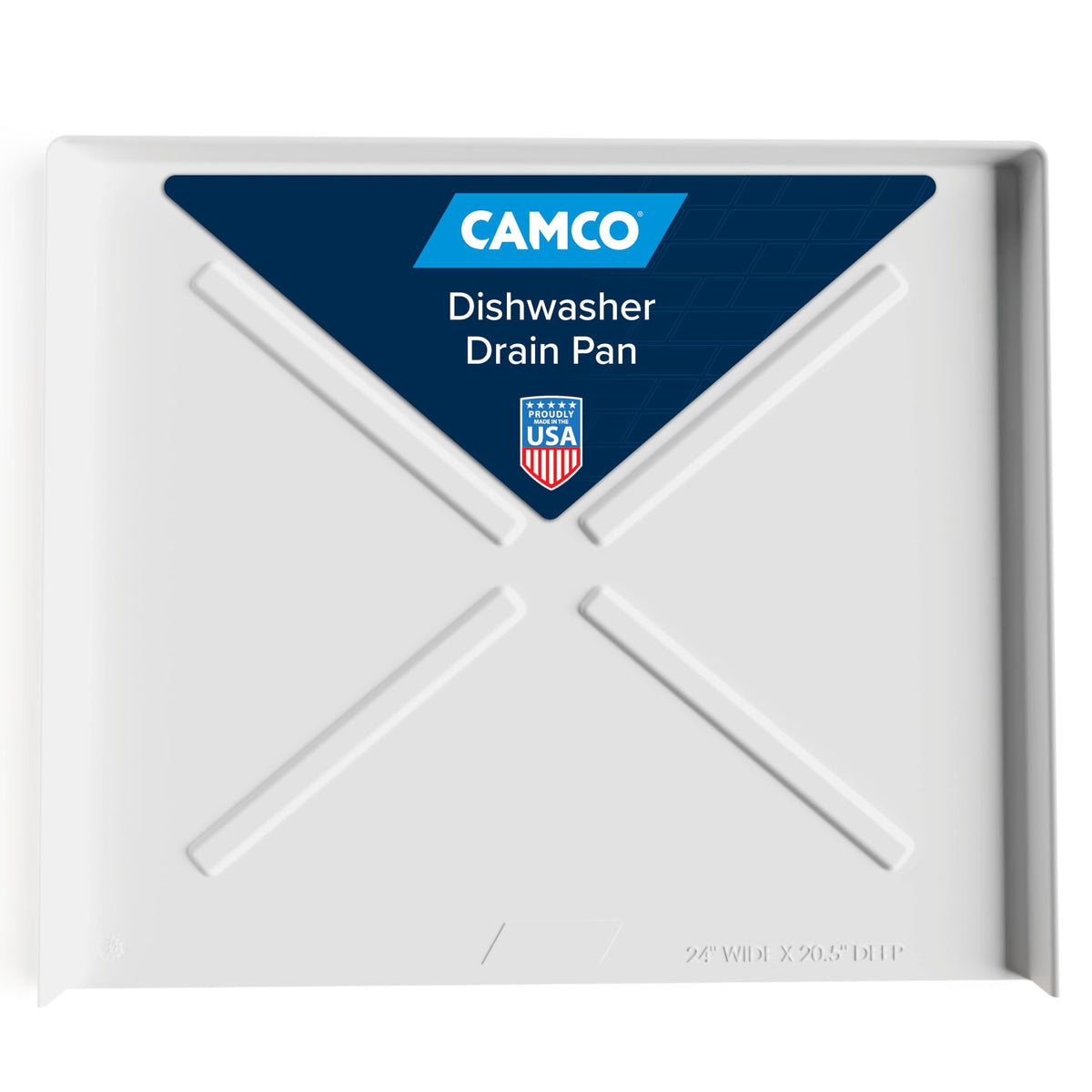 Camco dishwasher pan front view showing full coverage and visible leak protection
