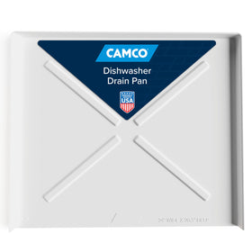 Camco dishwasher pan front view showing full coverage and visible leak protection