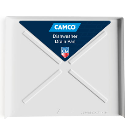 Camco dishwasher pan front view showing full coverage and visible leak protection